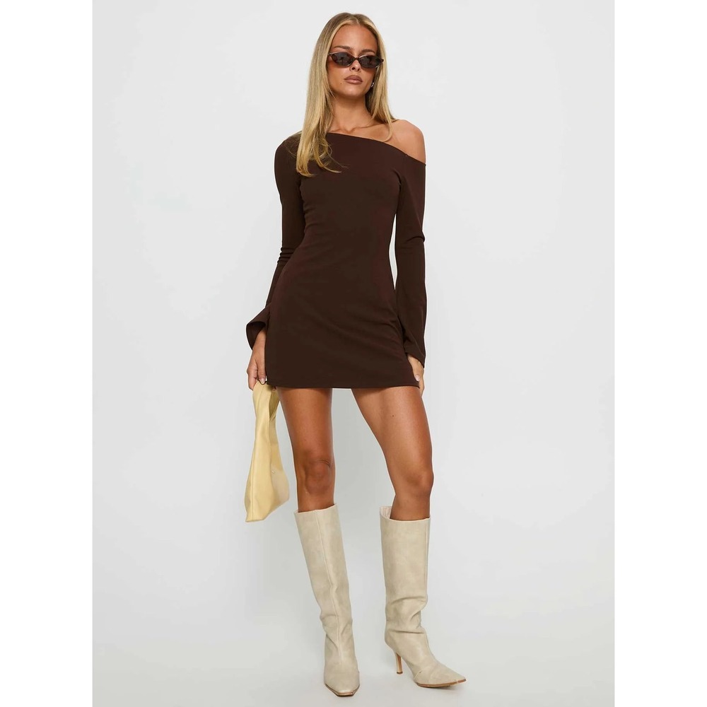 Princess Polly Womens Adrietta Off Shoulder Mini Dress Brown US 4 90s Minimalist